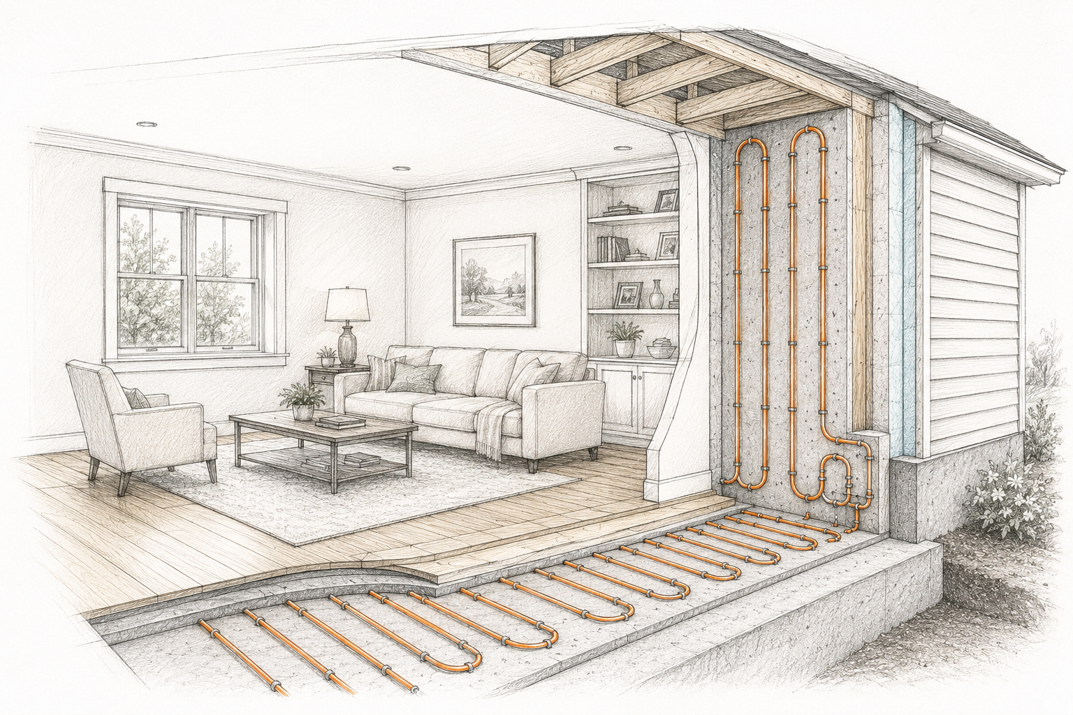 Cutaway home showing hydronic tubing embedded in a Thermal Wall and concrete floor